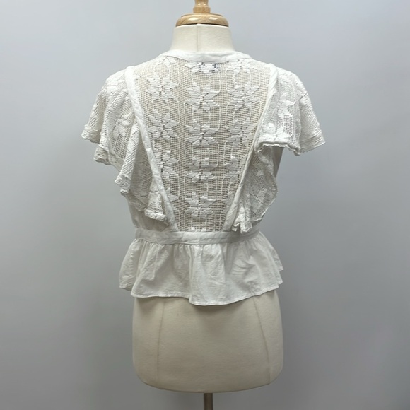 Place Nationale Crochet Button Down Flutter Sleeve Woven Blouse White Medium - Picture 5 of 7